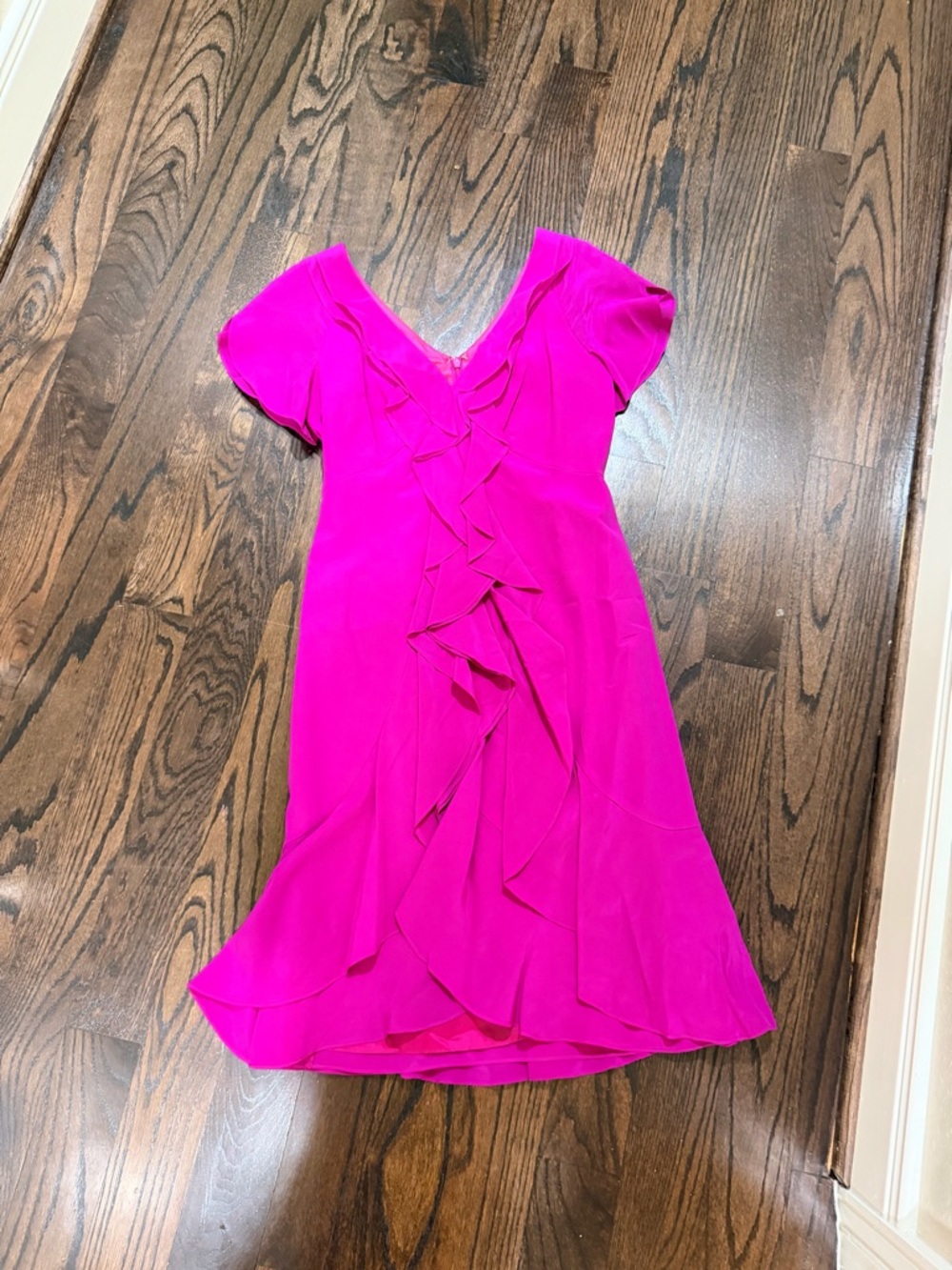 Carmen Marc Valvo Hot Pink Ruffle-Front Dress